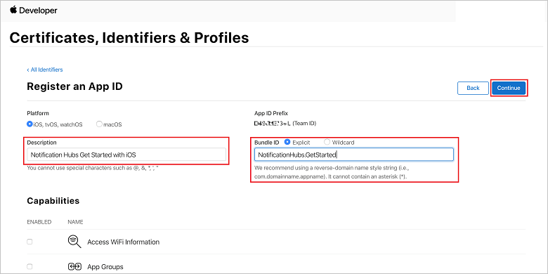 Portal Provisi iOS mendaftarkan halaman ID aplikasi