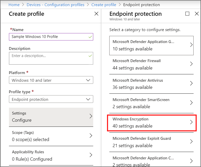 Screenshot of Endpoint protection in Create profile.