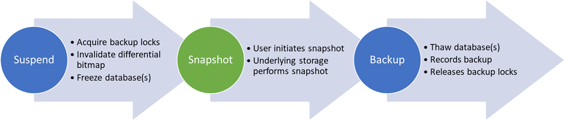 Diagram that shows process from suspend, to snapshot, to backup.