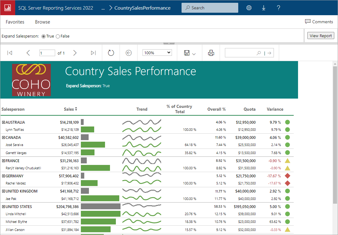 Cuplikan layar laporan SQL Server 2022 Reporting Services.