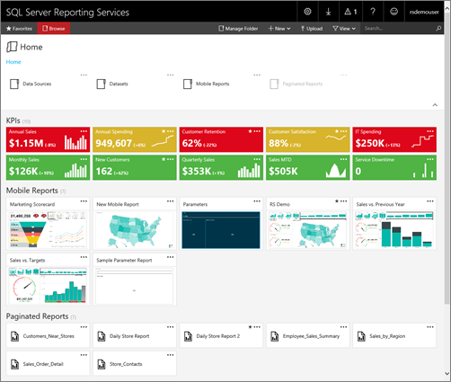 Cuplikan layar yang memperlihatkan portal SQL Server Reporting Services.