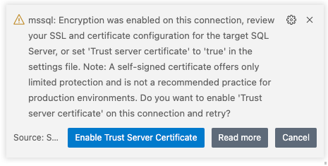 Cuplikan layar GUI Visual Studio Code, Pemberitahuan dengan perintah untuk Sertifikat server kepercayaan.