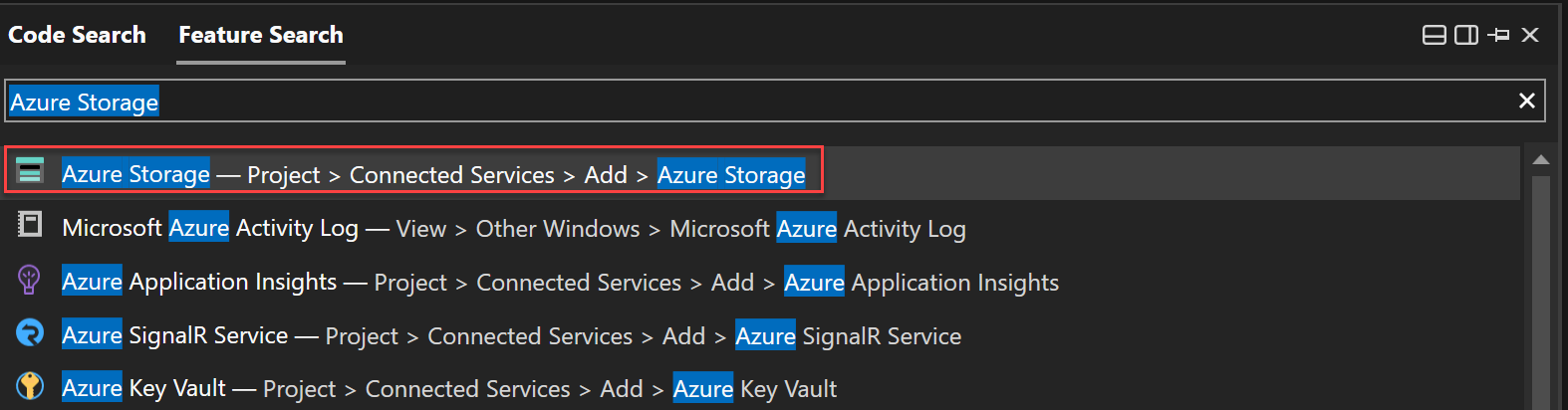 Cuplikan layar menggunakan Pencarian Fitur untuk mencari Azure Storage.