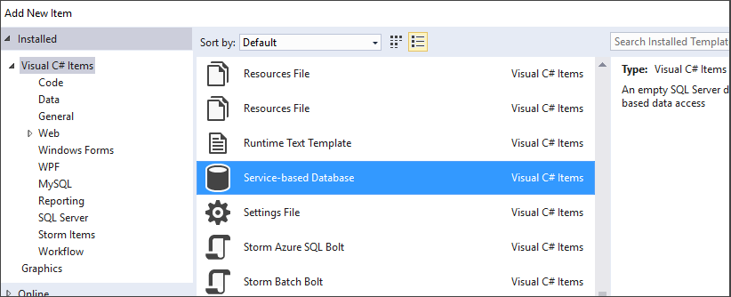 Menambahkan database berbasis Layanan item > baru