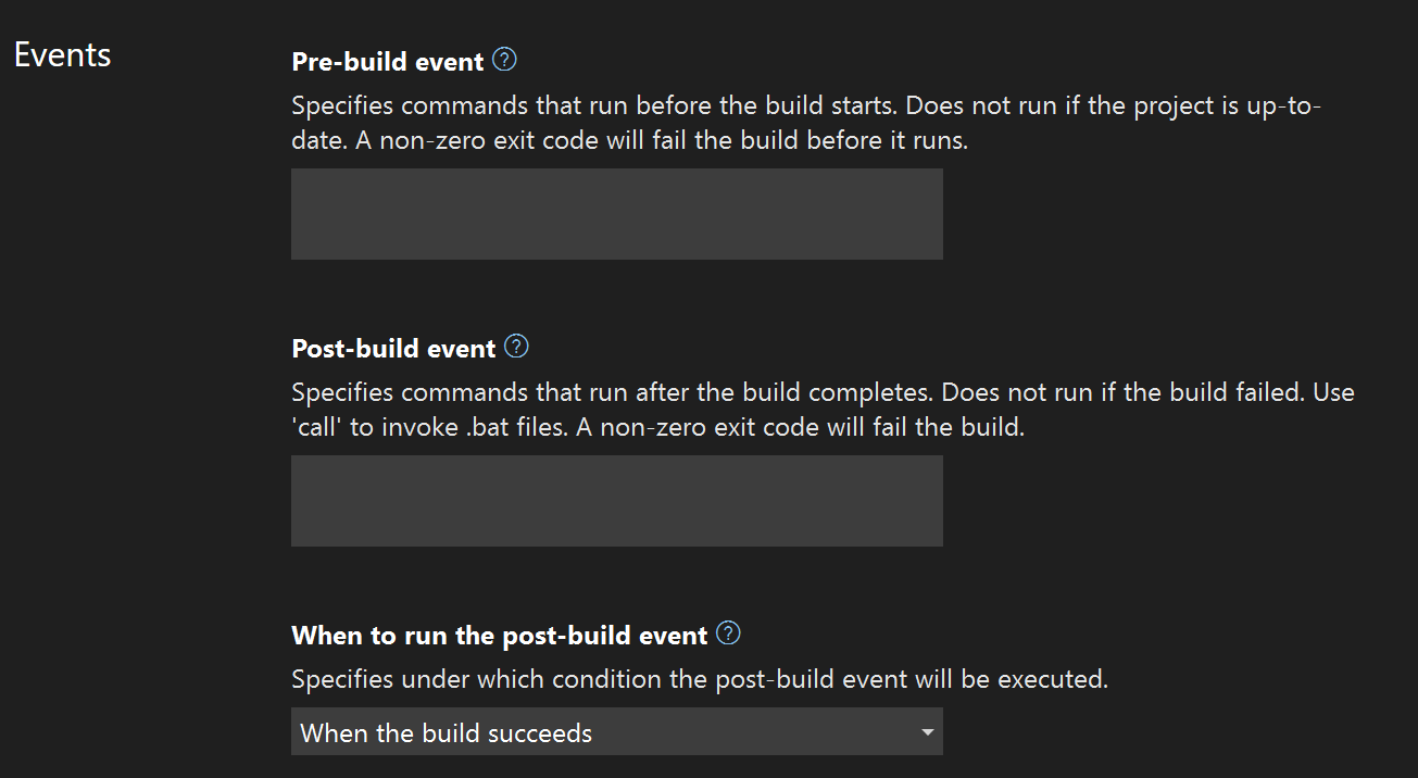 Cuplikan layar memperlihatkan pengaturan Peristiwa Build.
