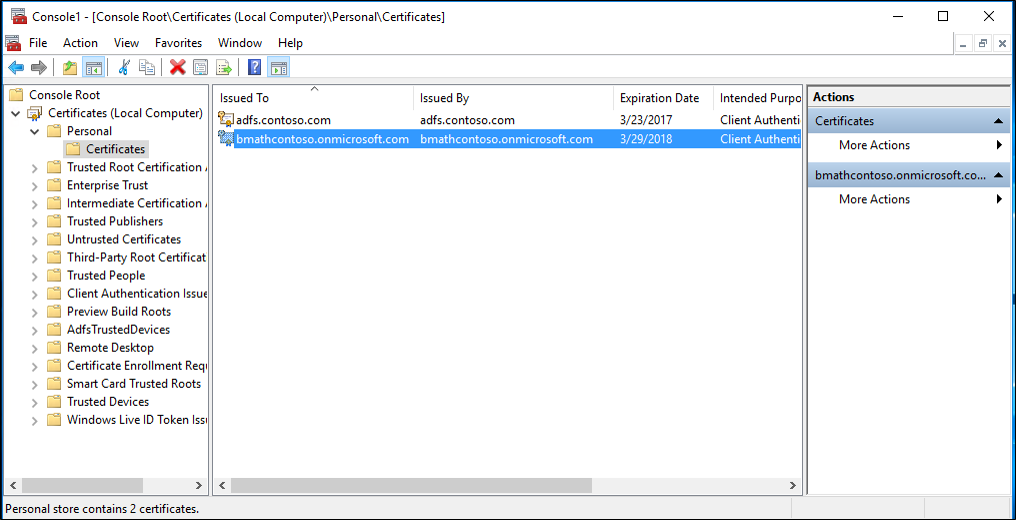 Cuplikan layar penyimpanan sertifikat komputer lokal yang menunjukkan sertifikat yang dihasilkan.