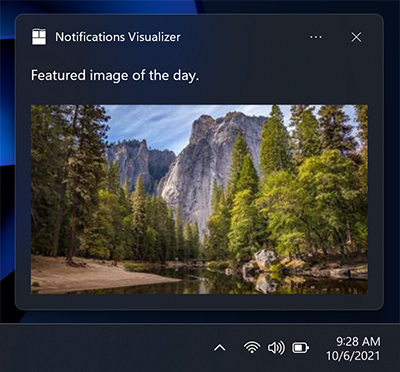 Cuplikan layar pemberitahuan aplikasi yang menunjukkan penempatan gambar default, sebaris, mengisi lebar penuh area visual.