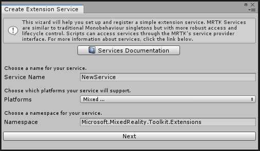 Extension service creation wizard