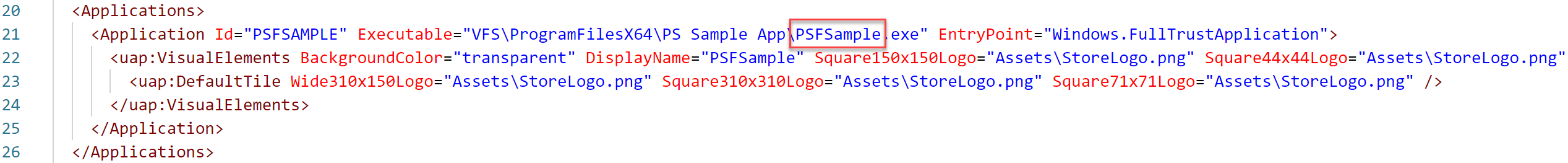 Image circling the location of the process executable within the AppxManifest file.