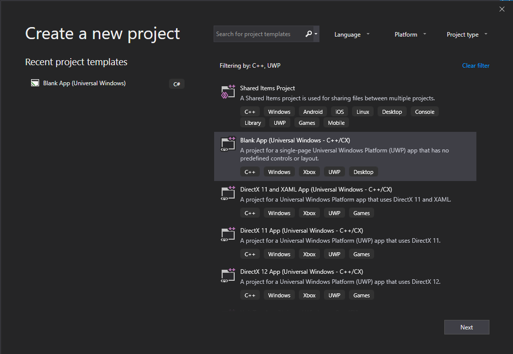 C++/CX project templates in the Create a new project dialog box 