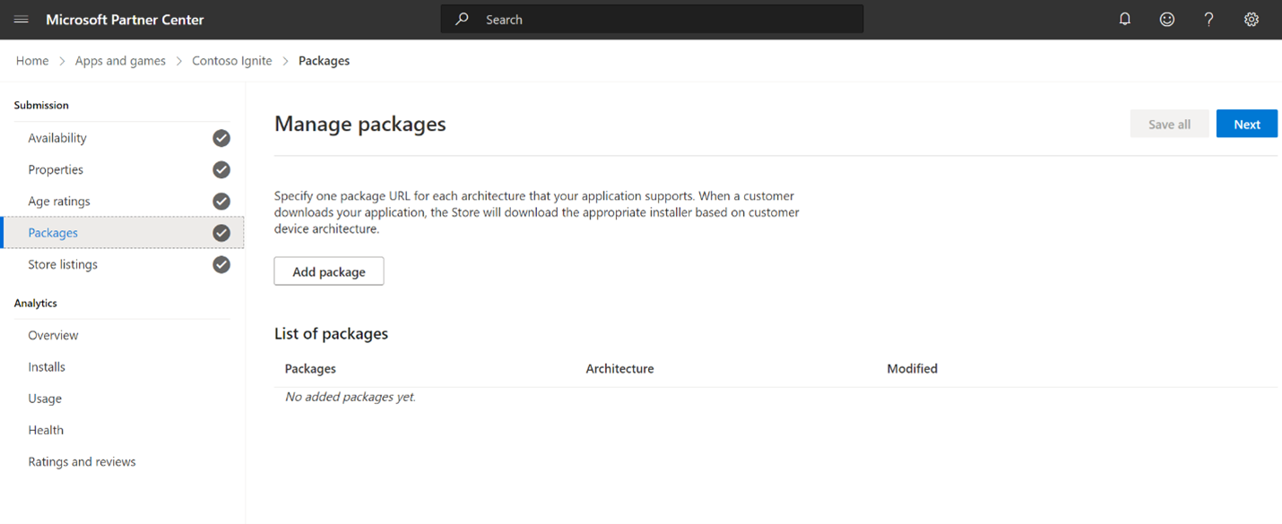 A screenshot of the Partner Center page where you can provide package details for your app.