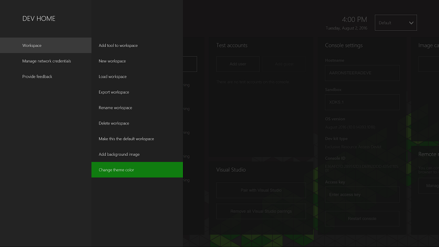 Screenshot of the DEV HOME page showing Workspace and Change theme color options selected.