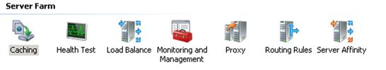 Screenshot of the Server Farm icons. The icons include Caching, Health Test, Load Balance, Monitoring and Management, Proxy, Routing Rules, and Server Affinity.