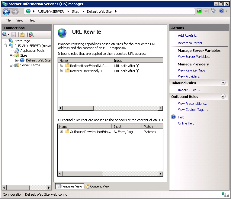 Screenshot of the I I S Manager Window displaying the U R L Rewrite page. The inbound and outbound rules are shown.