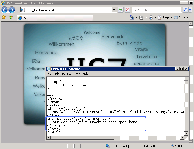 Screenshot of I I S 7 window with Notepad showing JavaScript code.