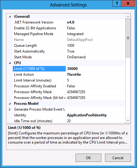 Screenshot of the Advanced Settings dialog. Limit is highlighted.