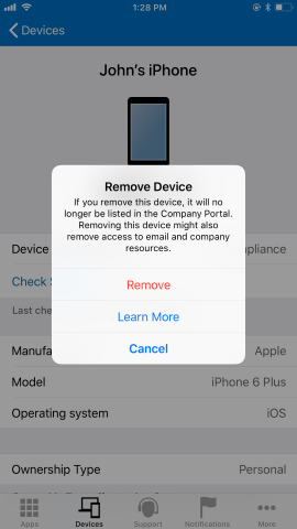 Screenshot of the Company Portal app Devices screen, showing options after user has clicked Remove Device button. Shows red highlighted "Remove" button, and blue highlighted "Learn More" button and "Cancel" button.