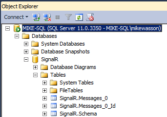 Screenshot of the Object Explorer screen with the MIKE dash S Q L server being highlighted and showing its contained folders and servers.