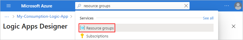 Screenshot shows Azure portal search box with search term, resource groups.
