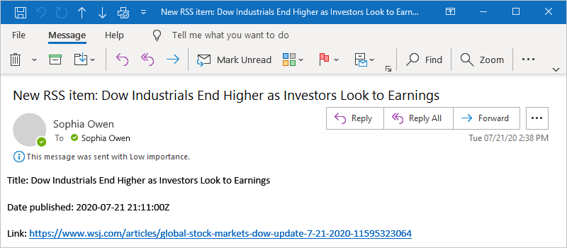 Screenshot shows Outlook and sample email received for new RSS feed item, along with item title, date published, and link.