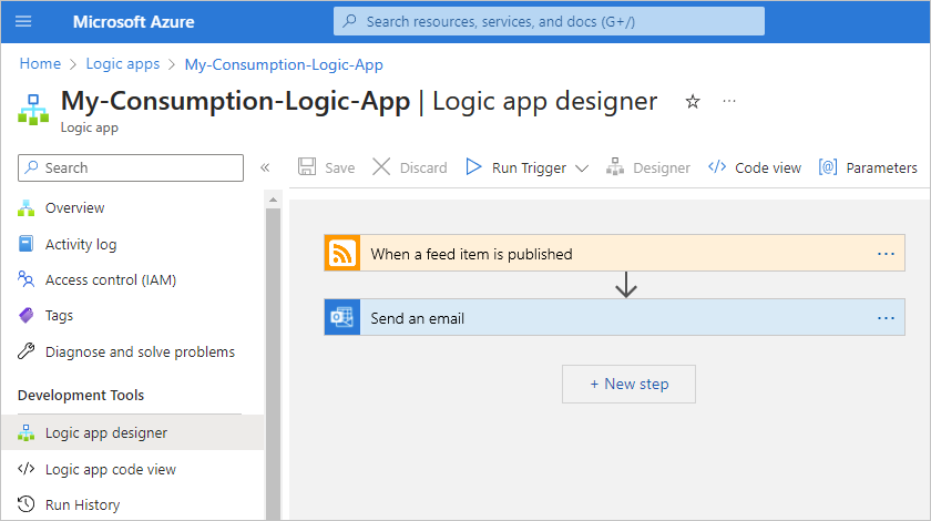 Screenshot shows example workflow with RSS trigger named When a feed item is published, and with the Outlook action named Send an email.