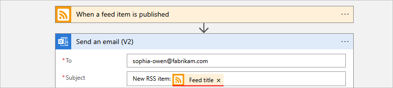 Screenshot shows action named Send an email, with example email subject and included value for property named Feed title.