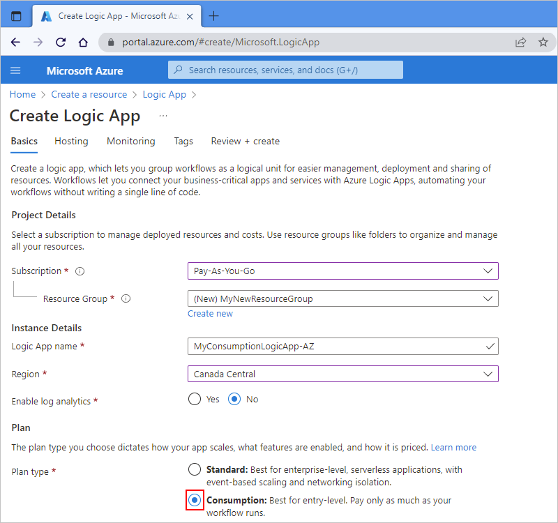Screenshot showing Azure portal, "Create Logic App" page, logic app details, and the "Consumption" plan type selected.