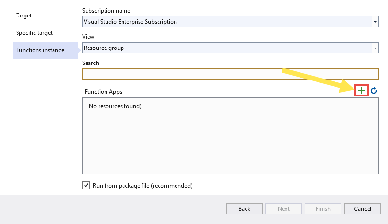 Image showing the Add function button of the Visual Studio - Publish dialog box.