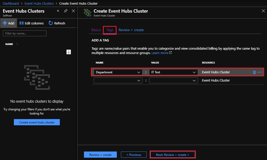 Create Event Hub cluster - tags