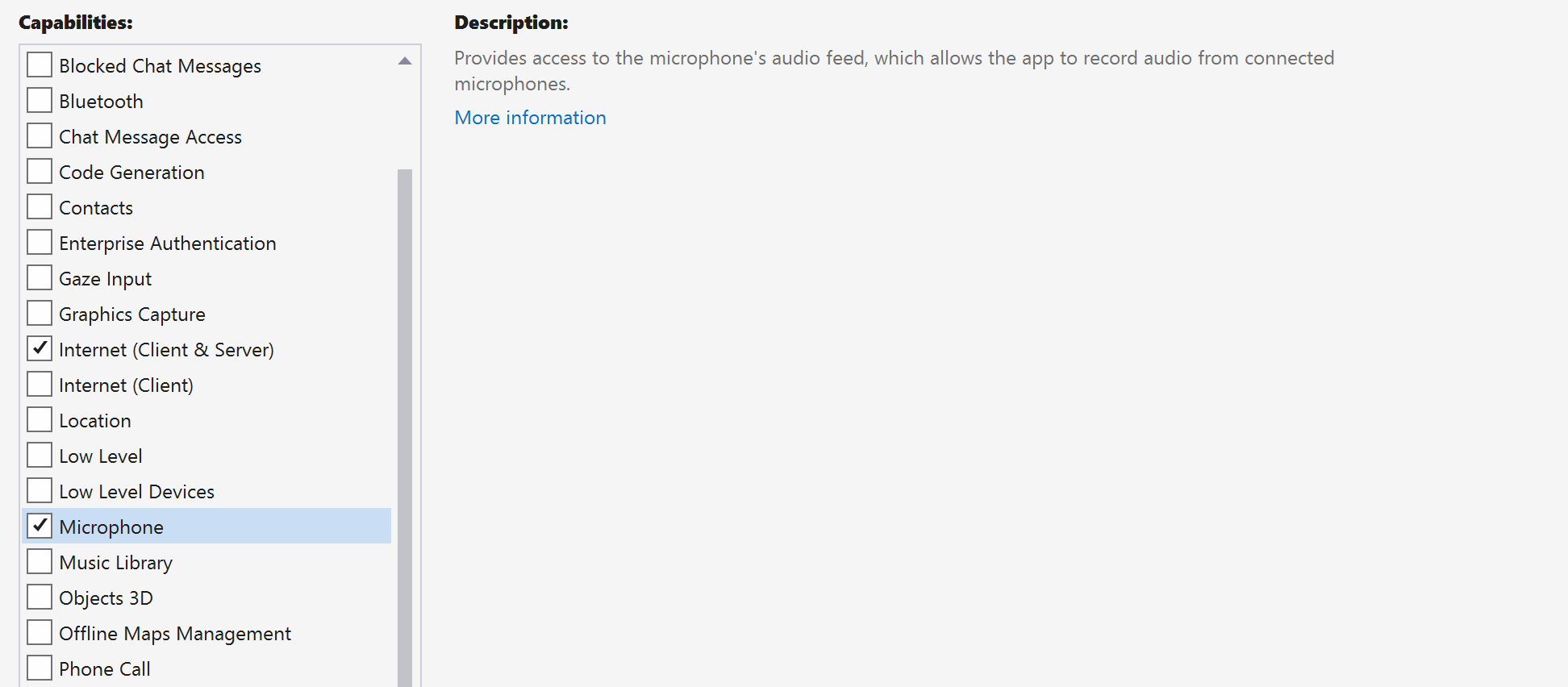 Screenshot che mostra la richiesta di accesso a Internet e microfono in Visual Studio.