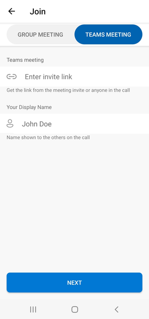 Screenshot che mostra la schermata di chiamata di join dell'applicazione di esempio.