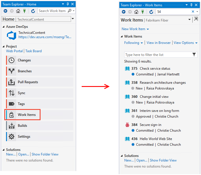 Visual Studio, Team Explorer, Scegliere elementi di lavoro