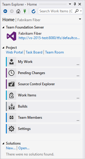 Home page di Team Explorer con controllo della versione di Team Foundation (TFVC) come controllo del codice sorgente