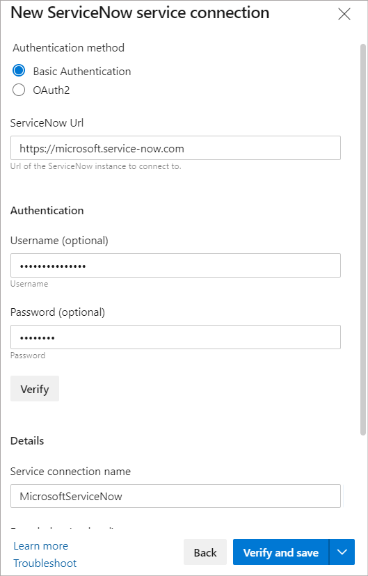 Screenshot che mostra come configurare la connessione al servizio ServiceNow.
