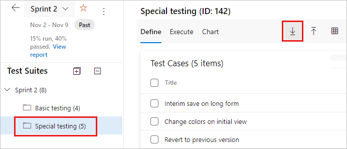 Screenshot che mostra un piano di test selezionato e l'opzione Esporta test case in CSV.