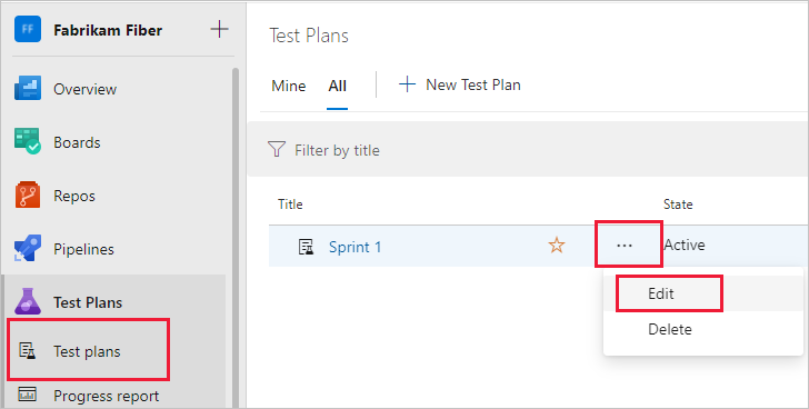 Screenshot che mostra l'opzione per modificare un piano di test.