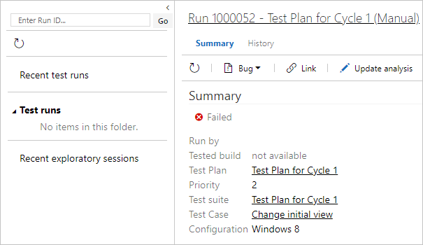 Screenshot che mostra il riquadro Esecuzioni di test con informazioni sull'esecuzione di singoli test.