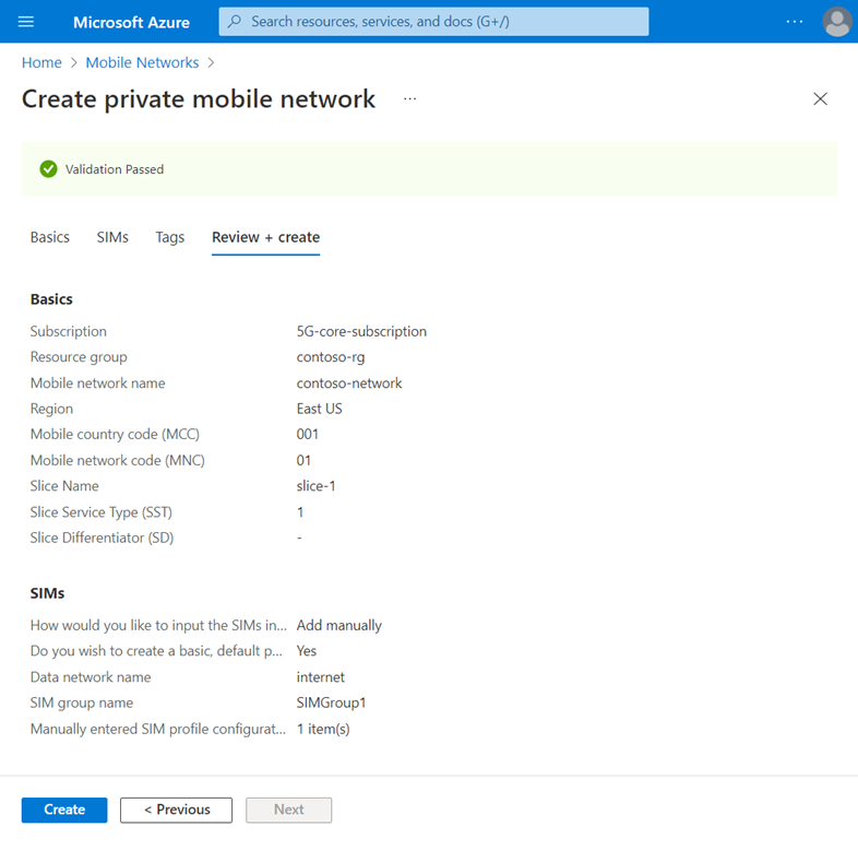 Screenshot del portale di Azure che mostra la configurazione convalidata per una rete mobile privata.