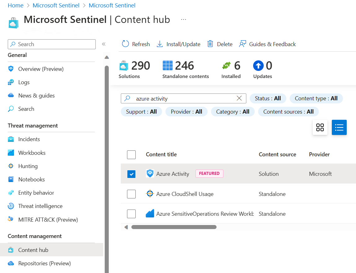Screenshot dell'hub del contenuto con la soluzione per l'attività di Azure selezionata.