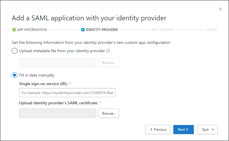 Screenshot che mostra la pagina immettere le informazioni sul provider di identità.