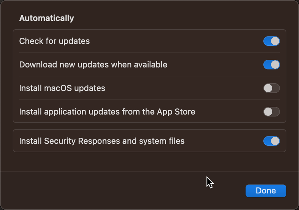 Impostazioni e controlli di aggiornamento predefiniti del sistema operativo in un dispositivo Apple macOS.