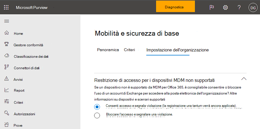 Opzione basic Mobility and Security blocca l'accesso.