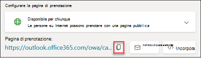 Screenshot: copiare Bookings URL della pagina in modo da poter aggiungere un ID campagna per il marketing