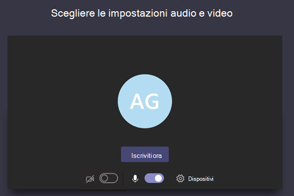 Screenshot che mostra la schermata di accesso alla riunione con le impostazioni per audio/video su desktop.