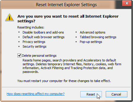 Screenshot della finestra Ripristina impostazioni Internet Explorer.