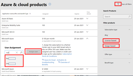 Screenshot that shows the Azure and cloud products page user assignment area.
