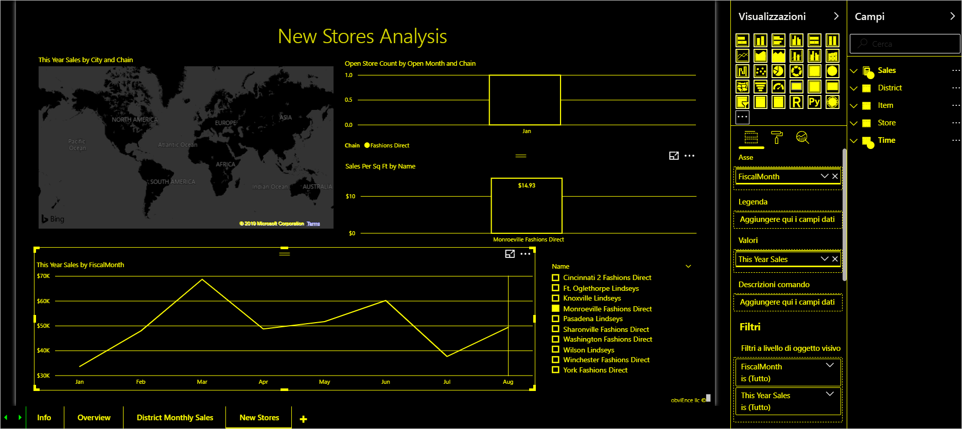 High-contrast color setting in Power BI service showing yellow text and visuals on a black background.