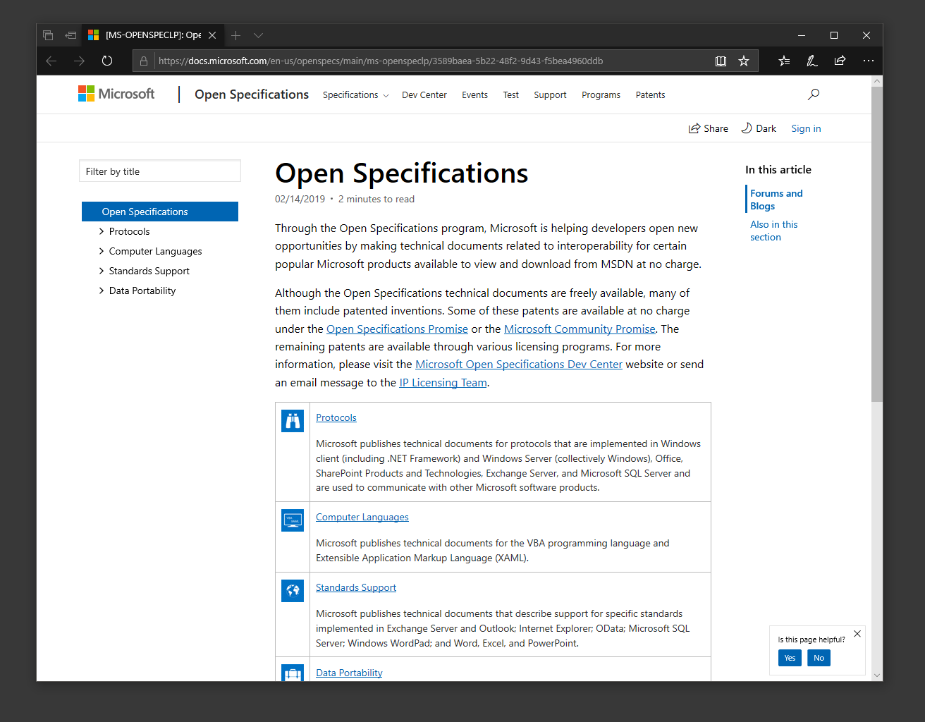 Raggruppamento dei contenuti di Open Specifications nel sommario
