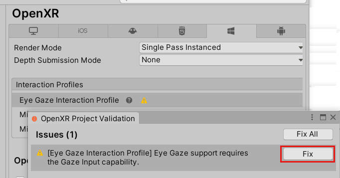 Screenshot del pulsante Fix per il profilo di interazione Eye Gaze.