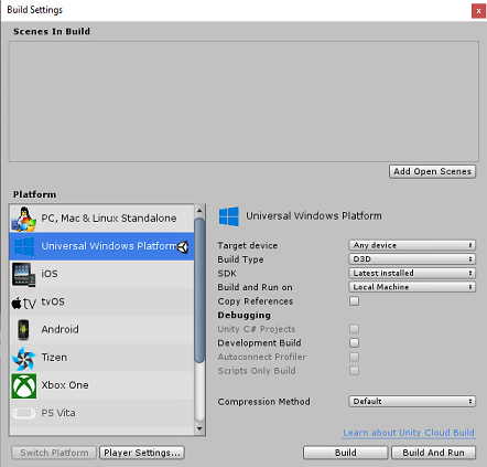 Screenshot della finestra Build Settings (Impostazioni compilazione) che mostra l'elenco di selezione Piattaforma. piattaforma UWP (Universal Windows Platform) selezionato.